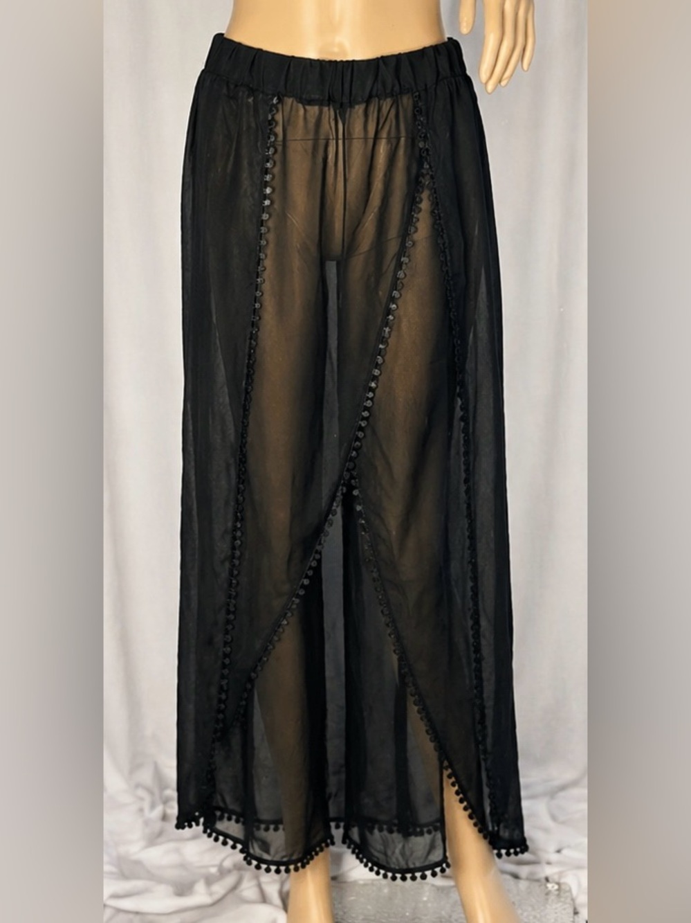 Sheer Black Wrap Pants • Double Slit Panels • Pom Pom Trim • Coverup Resort